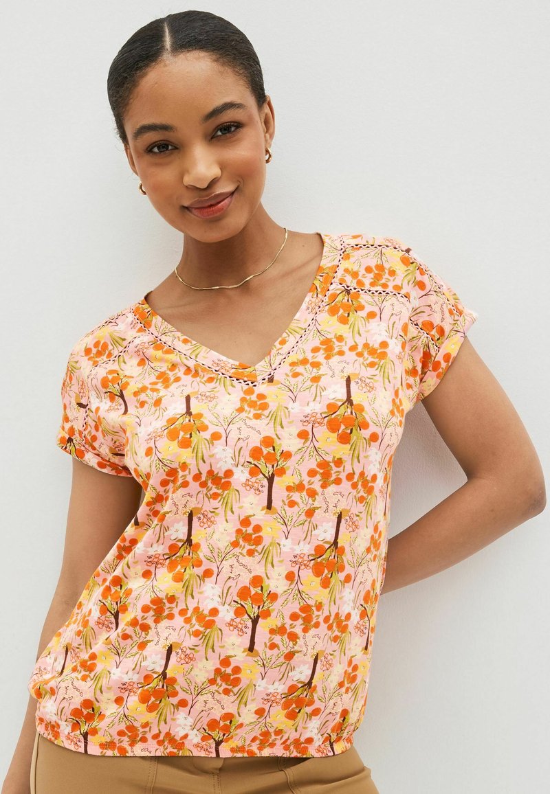 Next VNECK BUBBLE HEM TOP Tshirt print pink ditsy oranges
