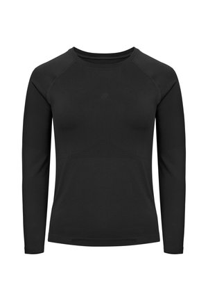 Maglietta atletica nera a maniche lunghe con scollo rotondo e delicato motivo di ventilazione sul petto e sulle maniche, design senza cuciture.