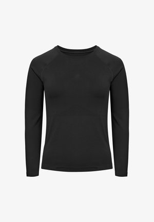 Maglietta atletica nera a maniche lunghe con scollo rotondo e delicato motivo di ventilazione sul petto e sulle maniche, design senza cuciture.