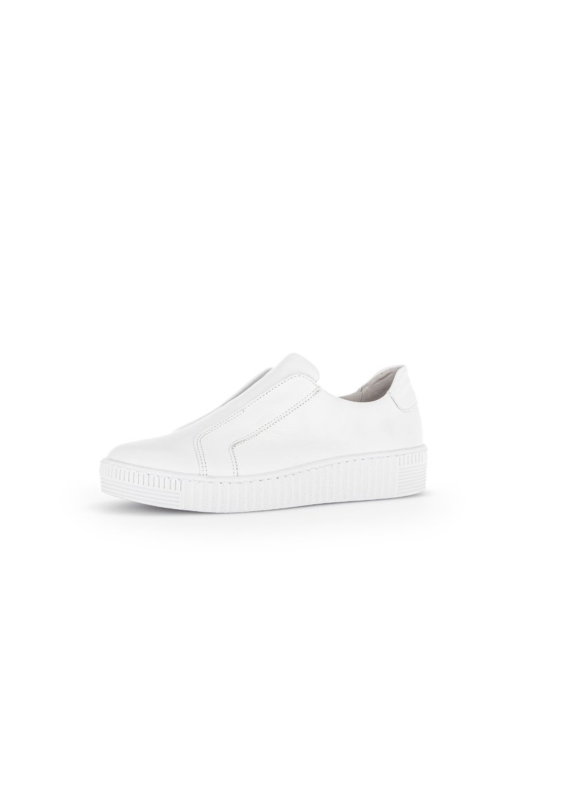 White slip-on sneaker made of smooth leather with elastic side panels, round toe, and textured rubber sole for grip.