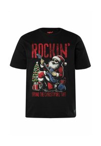 Černé bavlněné tričko s grafikou Santu hrajícího na kytaru, obklopeného vánočním stromečkem a dárky, s textem "ROCKIN' AROUND THE CHRISTMAS TREE."