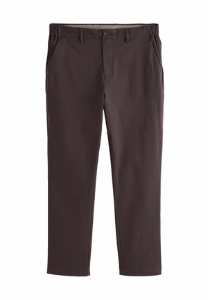 Dunkelbraune, gerade geschnittene Hose mit Gürtelschlaufen, vorderem Knopf, Reißverschluss und Seitentaschen, flach auf weißem Hintergrund präsentiert.