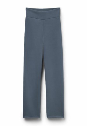 Pantalones de tiro alto y pierna recta en azul apagado con una cinturilla ancha, confeccionados con una tela suave y elástica.