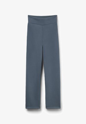 Hoch taillierte Hose mit geradem Bein in gedämpftem Blau, mit einem breiten Bund, aus glattem, dehnbarem Stoff gefertigt.