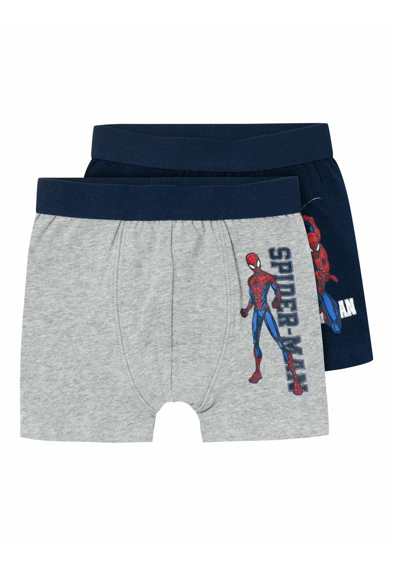 To par med gutter boksertruser: en grå med et Spider-Man grafikk, den andre marineblå med et trykt Spider-Man design. Stoff i bomullsblanding.