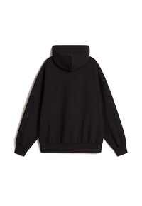 Sudadera con capucha negra, de mangas largas y sueltas, con puños y dobladillo acanalados. Tejido suave, diseño liso sin logotipos ni estampados visibles.