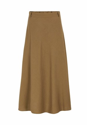 Brūna midi svārki no mīksta auduma ar izplešamu siluetu, elastīgu jostasvietu un gludu tekstūru. Bez redzamiem rakstiem vai akcents.