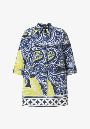 Koszula z szerokimi rękawami i zapinana na guziki z przodu, zdobiona odważnymi niebiesko-żółtymi wzorami paisley i kwiatowymi oraz geometrycznym brzegiem na dole.