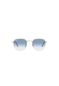 Gafas de sol con montura de metal dorado y lentes degradados azules, de forma octagonal y brazos de las patillas con acentos en marrón. Incluyen almohadillas nasales ajustables.