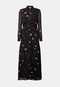 Robe maxi noire à manches longues avec fermeture boutonnée devant, tissu transparent et imprimé floral rouge, blanc et vert.