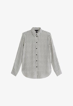 Overhemd met lange mouwen, knoopsluiting, zwart-witte verticale strepen en een kraag.