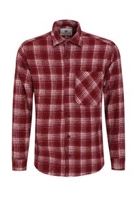 Camisa de franela a cuadros rojos y blancos con mangas largas, cierre de botones en la parte delantera y un único bolsillo en el pecho. Textura suave y diseño de cuello tradicional.