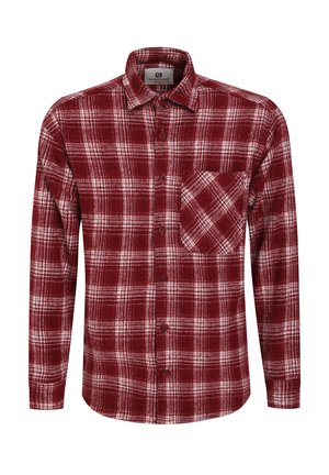 Red and white plaid flannel shirt with long sleeves, button-up front, and single chest pocket. Soft texture and traditional collar design.
