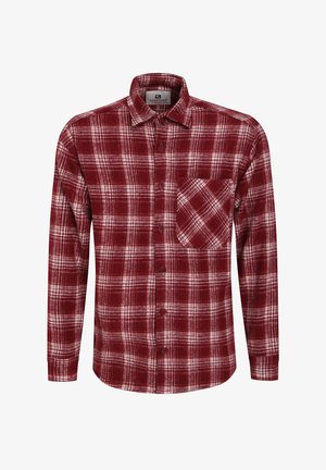 Rød og hvidternet flannel skjorte med lange ærmer, knaplukning foran og en enkelt brystlomme. Blød tekstur og traditionelt kravedesign.