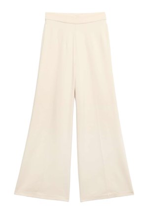 Wijd uitlopende broek in licht beige kleur, met een gladde, zachte textuur en een elastische tailleband voor comfort.