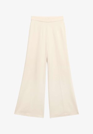 Pantalon à jambes larges de couleur beige clair, avec une texture douce et lisse et une ceinture élastique pour le confort.