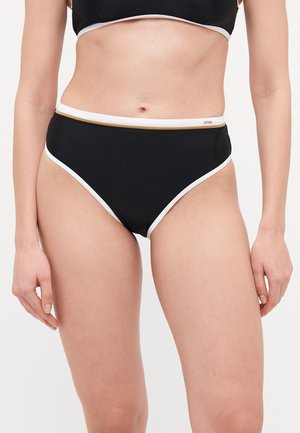 Bas de bikini taille haute noir avec des accents blancs et dorés. Tissu lisse et détail de bord contrastant sur les bords et la ceinture.