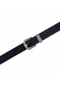 Black leather belt with a textured surface, featuring a metallic, ridged buckle and keeper. Design includes multiple adjustment holes.