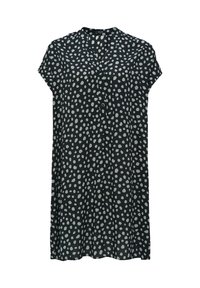 Robe noire à manches courtes avec des pois blancs irréguliers, col en V et trois boutons sur le devant.