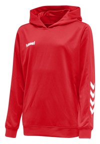 Felpa con cappuccio rossa realizzata in tessuto liscio, dotata di maniche lunghe e motivo a zigzag bianco sulle maniche, con logo "hummel".
