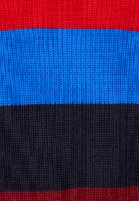 Tissu tricoté rayé présentant des bandes horizontales rouges, bleues et noires ; texture lisse avec des coutures même et un aspect confortable.
