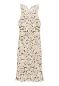 Robe in pizzo con intricati motivi floreali, colore beige chiaro, design senza maniche e orlo scallop. Presenta una dettagliata trama all'uncinetto.