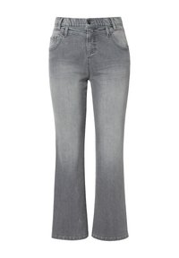 Jeans in denim grigio con gamba a campana, dotati di una vita a media altezza, design a cinque tasche e sottili accenti di cucitura.
