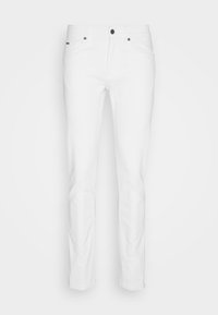 Pantalon blanc slim fit avec poches avant, passants de ceinture et fermeture par bouton, présenté sur un fond blanc uni.