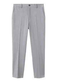 Gray tailored trousers made from a textured fabric feature a flat front, side pockets, and a single button closure.