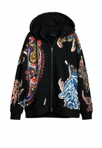 Svart zip-up hoodie med livfulla, flerfärgade grafiska mönster av marint liv och mönster över framsidan och ärmarna.