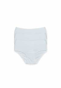 Drie paren lichtblauwe hooggegraven katoenen onderbroeken met een gladde textuur en elastische tailleband. Geen zichtbare patronen of hardware.