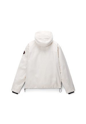 White hooded jacket with a textured, smooth fabric. Features elastic cuffs, adjustable hem, and a logo patch on the left shoulder.