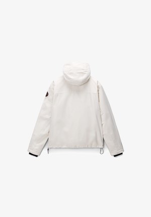 White hooded jacket with a textured, smooth fabric. Features elastic cuffs, adjustable hem, and a logo patch on the left shoulder.