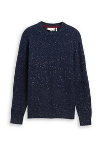 Marineblauer Pullover mit strukturiertem Strickmuster und mehrfarbigen Sprenkeln. Runder Halsausschnitt und lange Ärmel. Weicher Stoff, lässiges Design.