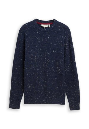 Maglione navy con un motivo a maglia testurizzata, caratterizzato da macchie multicolori. Collo rotondo e maniche lunghe. Tessuto morbido, design casual.
