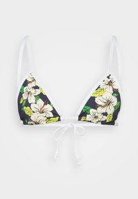 Virágos bikini felső, tengerészkék háttérrel, nagy fehér és zöld hibiszkusz mintákkal. Fehér díszítéssel, állítható pántokkal és megkötős elülső résszel.