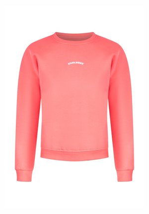 Korallowy sweatshirt z długimi rękawami i okrągłym dekoltem, z białym logo "SMILODOXY" umieszczonym na środku z przodu. Gładka tekstura materiału.