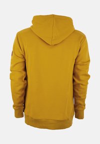 Gelbe Kapuzenpullover mit weicher Textur, langen Ärmeln, gerippten Bündchen und gefütterter Kapuze. Keine sichtbaren Muster oder Logos.