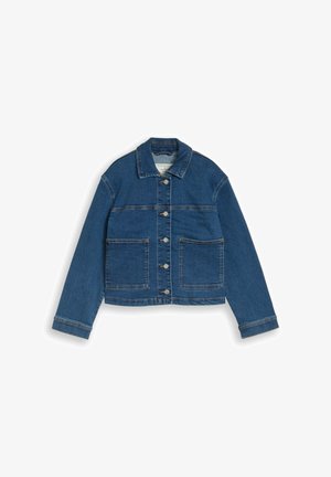 Blue denim jacket with long sleeves, button front closure, collar, and two large front pockets laid flat on white background.