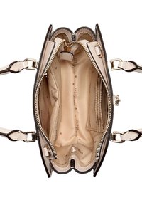 Borsa a mano marrone e crema con un design strutturato, dotata di chiusura con zip, più scomparti e un interno foderato con stampa del logo.