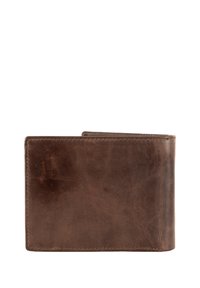 Portafoglio in pelle marrone con una superficie liscia e testurizzata e dettagli cuciti. Presenta un design a due pieghe per un facile accesso e una comoda conservazione.
