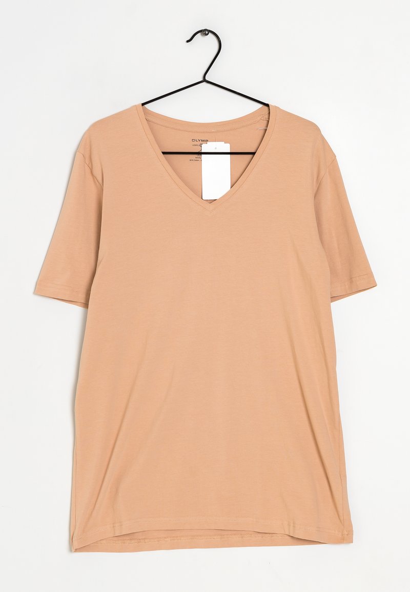 T-shirt beige a V-collo con maniche corte, realizzato in un tessuto morbido e liscio. Presenta un'etichetta appesa al colletto.