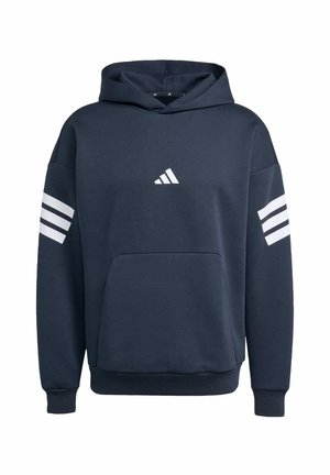 Navy blue hoodie with a front pocket, white Adidas logo on the chest, and three white stripes on each sleeve. Soft fabric with a relaxed fit.