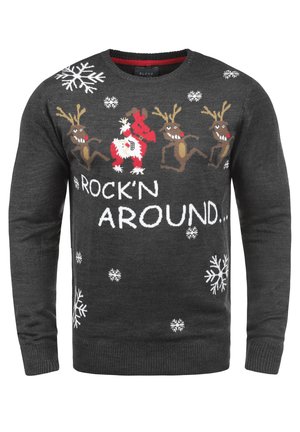 Tmavosivý pletený sveter s červenými a hnedými sobmi, vločkami a bielym nápisom „ROCK'N AROUND...“. Klasický strih s okrúhlym výstrihom.