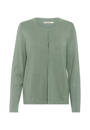 Light green long-sleeve cardigan made of soft knit fabric featuring a round neckline and six button closures down the front.