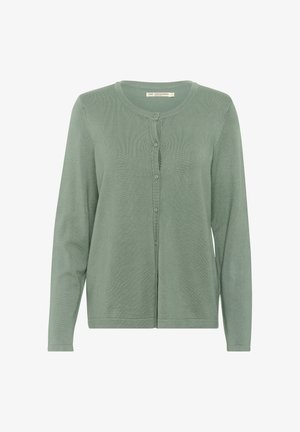 Jasnozielony kardigan z długim rękawem wykonany z miękkiej dzianiny, z okrągłym dekoltem i sześcioma guziczkami z przodu.