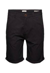 Shorts noirs décontractés avec fermeture par bouton, passants pour ceinture, poches latérales et ourlets roulés.