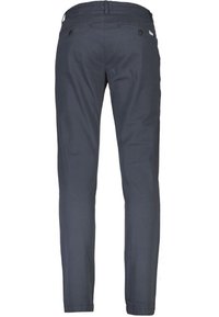 Dark gray, slim-fit trousers made of soft fabric with a smooth texture. Features two back pockets with button closures and a discreet brand tag.
