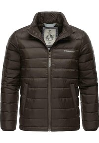 Giacca marrone trapuntata con colletto alto, zip frontale, tasche laterali e dettaglio con logo, realizzata in un materiale liscio e leggero.