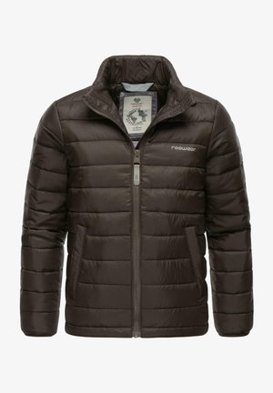 Bruine gewatteerde jas met een staande kraag, frontale ritssluiting, zijzakken en logodetail, gemaakt van een gladde, lichte stof.
